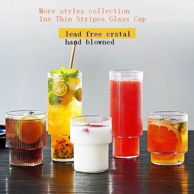 Thin Wall 7cm Diameter Tumbler Drinking Glasses With Optical Stripes