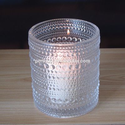 Customized Embossed Beads Strings Glass Votive Candle Holders ,  Glass Cylinder Candle Holders