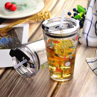 Decorated Pint Ice Tea Glass Cup With Lid And Silicate Straw Cocktail Tumbler Drinking Glasses