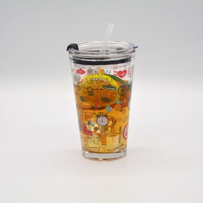 Decorated Pint Ice Tea Glass Cup With Lid And Silicate Straw Cocktail Tumbler Drinking Glasses