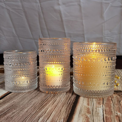 Customized Embossed Beads Strings Glass Votive Candle Holders ,  Glass Cylinder Candle Holders