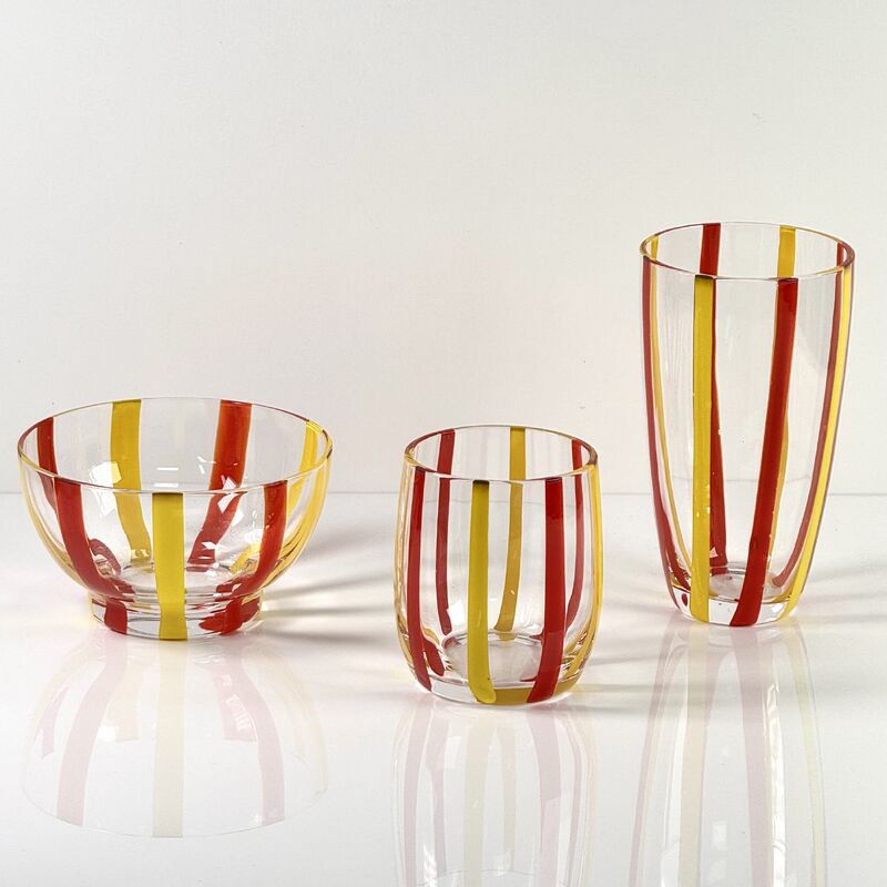 Qualidade Hand Blown Colored Cane Striped Glass Tumbler & Bowl Set, Murano Style Red Yellow Vertical Stripe Drinking Cups and Snack Bowl, Lead-Free Art Glass for Water, Juice, Table Decor fábrica
