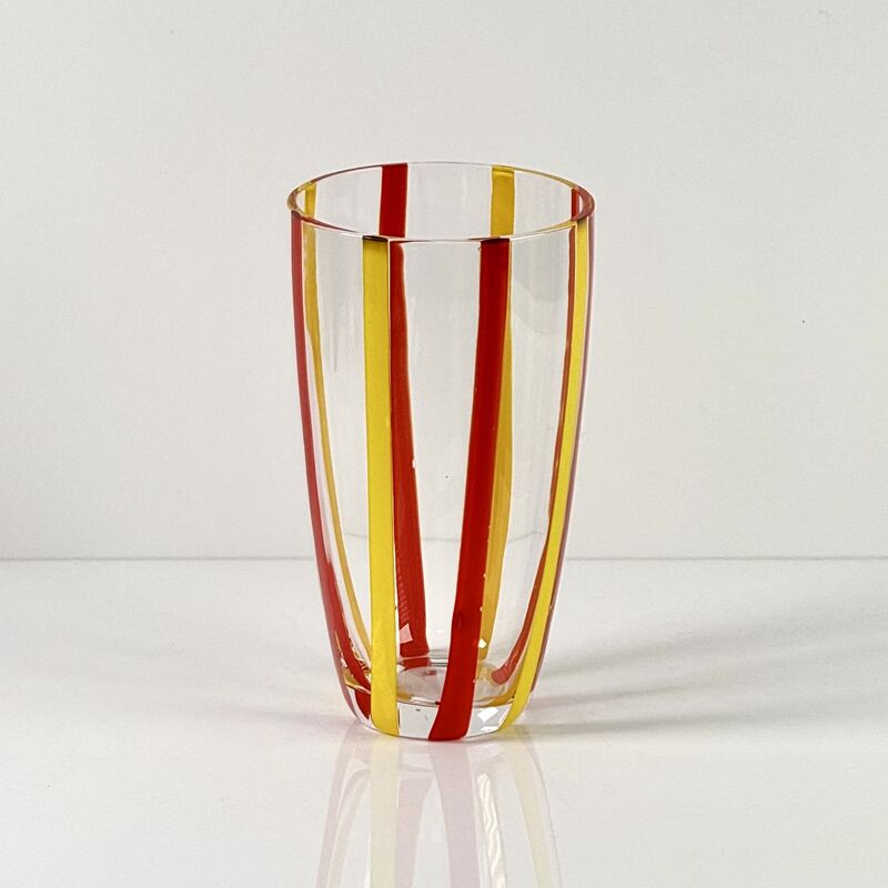 Qualidade Hand Blown Colored Cane Striped Glass Tumbler & Bowl Set, Murano Style Red Yellow Vertical Stripe Drinking Cups and Snack Bowl, Lead-Free Art Glass for Water, Juice, Table Decor fábrica