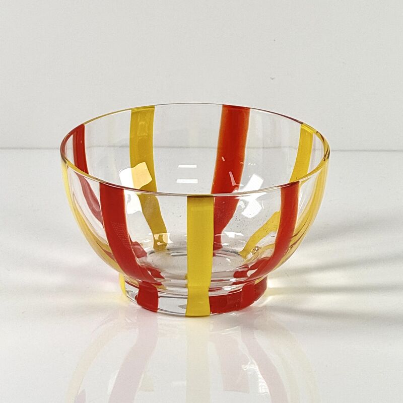 Qualidade Hand Blown Colored Cane Striped Glass Tumbler & Bowl Set, Murano Style Red Yellow Vertical Stripe Drinking Cups and Snack Bowl, Lead-Free Art Glass for Water, Juice, Table Decor fábrica