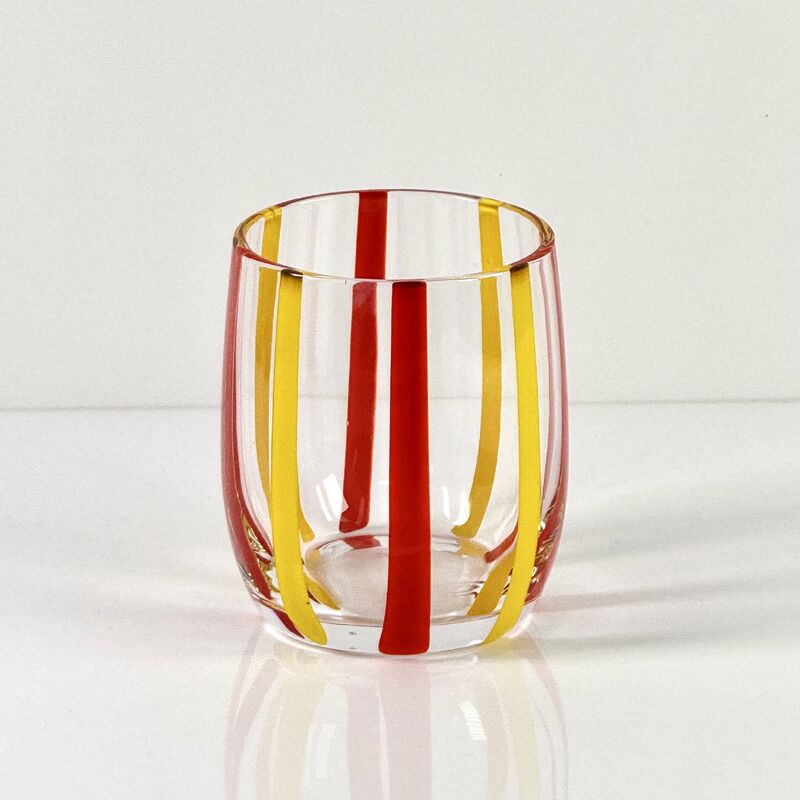 Qualidade Hand Blown Colored Cane Striped Glass Tumbler & Bowl Set, Murano Style Red Yellow Vertical Stripe Drinking Cups and Snack Bowl, Lead-Free Art Glass for Water, Juice, Table Decor fábrica