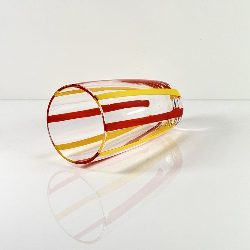 Qualidade Hand Blown Colored Cane Striped Glass Tumbler & Bowl Set, Murano Style Red Yellow Vertical Stripe Drinking Cups and Snack Bowl, Lead-Free Art Glass for Water, Juice, Table Decor fábrica