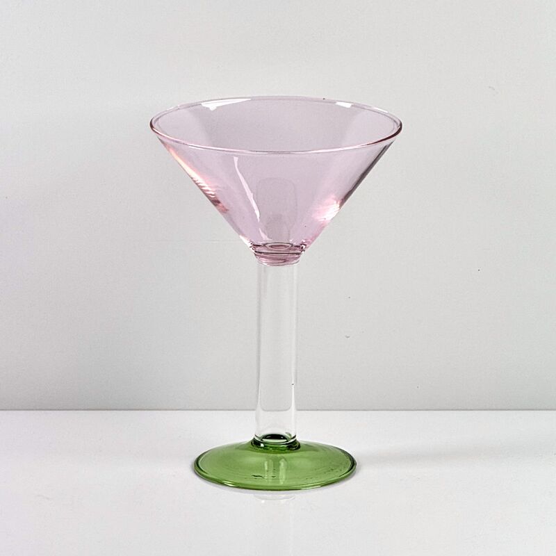 Qualidade Hand Blown Borosilicate Stemmed Wine & Cocktail Glass Set, Pink Bowl with Green Hollow Stem Base, Colored Spray Tinted Art Goblets for Bar, Wedding & Table Decor fábrica
