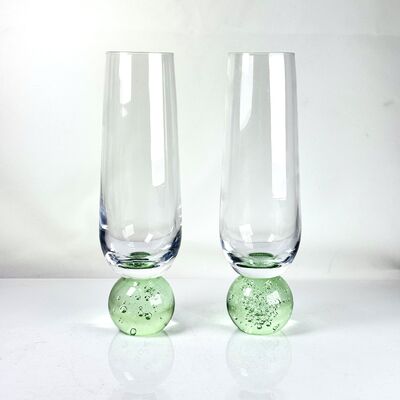qualidade Conjunto de 2 taças de champanhe sopradas à mão, base de esfera de bolha verde, flautas sem haste modernas para vinho espumante, prosecco, decoração de casa fábrica