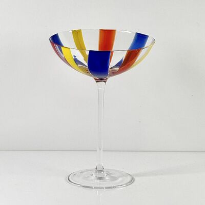 Qualidade Hand Blown Art Glass Goblet & Coupe Glass Set, Vibrant Red Yellow Blue Vertical Cane Stripes Murano Style Stemmed Wine & Martini Glasses for Bar, Party & Gift fábrica