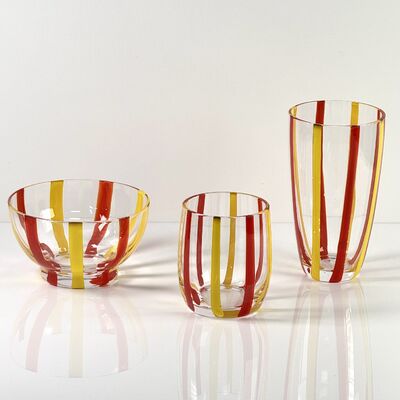 Qualidade Hand Blown Colored Cane Striped Glass Tumbler & Bowl Set, Murano Style Red Yellow Vertical Stripe Drinking Cups and Snack Bowl, Lead-Free Art Glass for Water, Juice, Table Decor fábrica