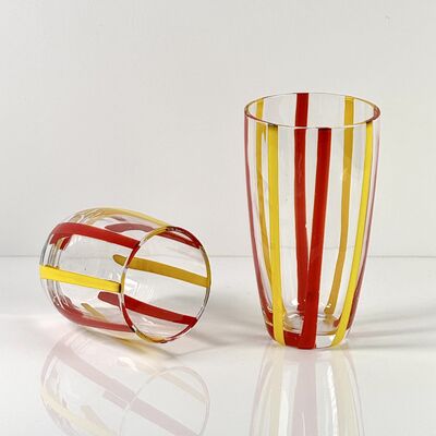 Qualidade Hand Blown Colored Cane Striped Glass Tumbler & Bowl Set, Murano Style Red Yellow Vertical Stripe Drinking Cups and Snack Bowl, Lead-Free Art Glass for Water, Juice, Table Decor fábrica