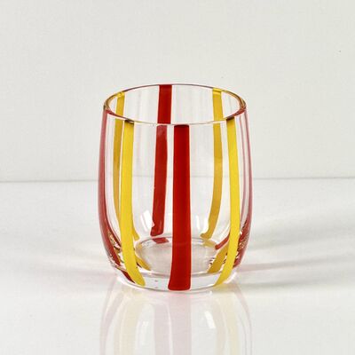 Qualidade Hand Blown Colored Cane Striped Glass Tumbler & Bowl Set, Murano Style Red Yellow Vertical Stripe Drinking Cups and Snack Bowl, Lead-Free Art Glass for Water, Juice, Table Decor fábrica