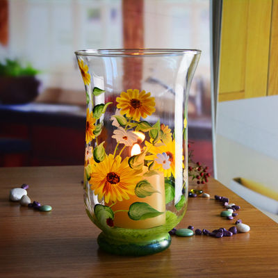 qualidade Porta-velas de vidro com padrão de girassol pintado à mão para casa fábrica