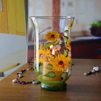 qualidade Porta-velas de vidro com padrão de girassol pintado à mão para casa fábrica