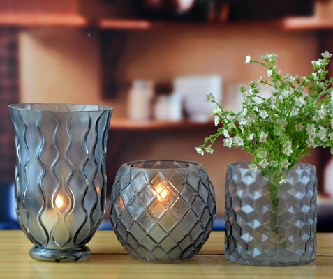 qualidade 8" Grays em relevo de vedação padrão de vidro porta-velas fábrica